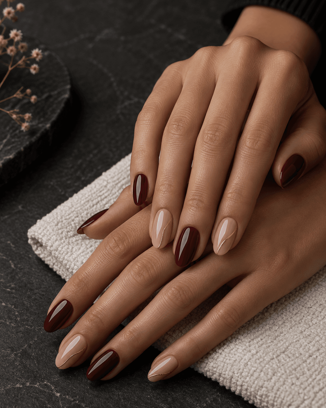 Burgundy and nude manicure with fine gold nail art