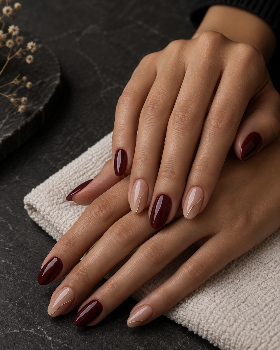 Burgundy and nude manicure with fine gold nail art